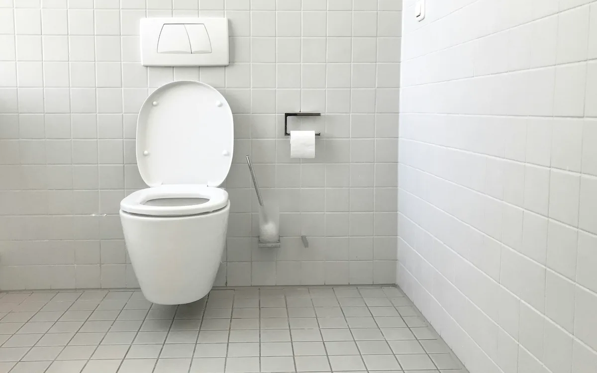 Wykończona strefa WC z przyciskiem spłuczki w ścianie.