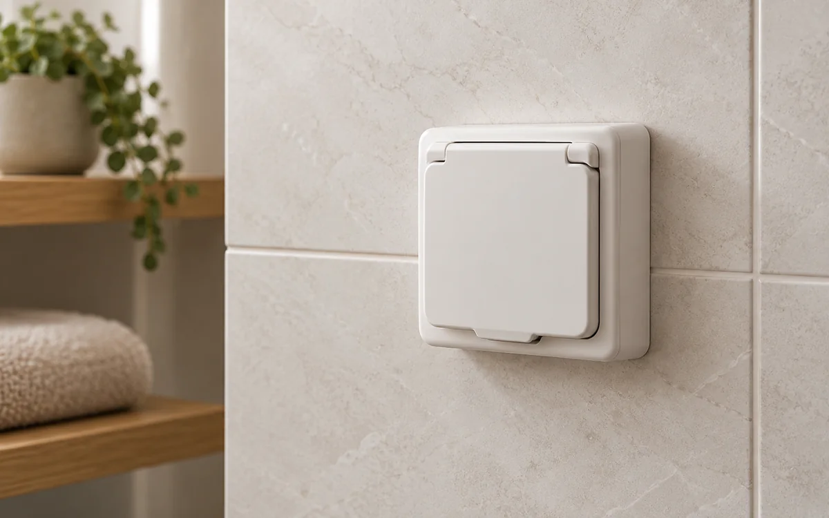 Białe gniazdko z zamkniętą klapką na jasnej ścianie z płytek.