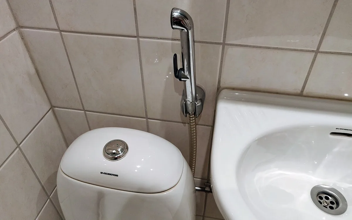 Ręczna słuchawka bidetowa obok toalety i umywalki.