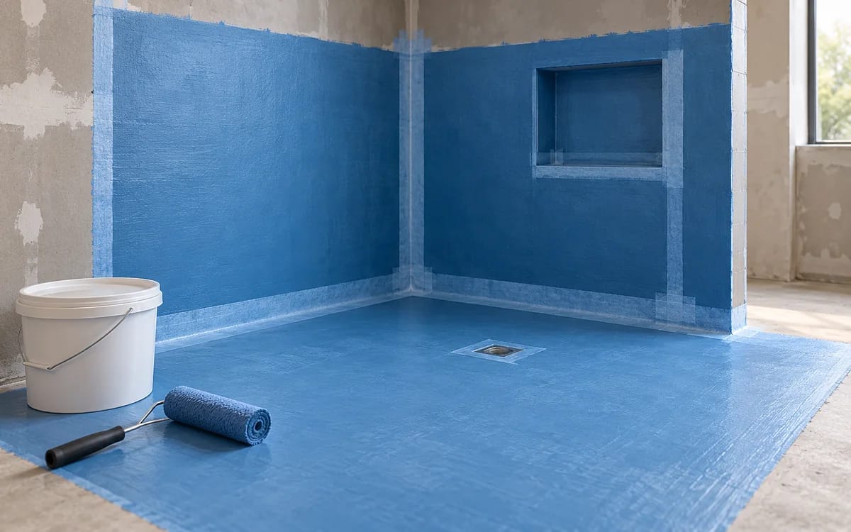 Narożnik łazienki z niebieską powłoką hydroizolacyjną i taśmą na połączeniach.